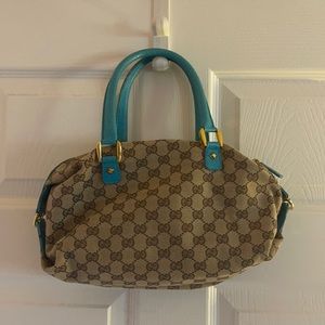 Brown and Blue Purse with Gold Tone Hardware